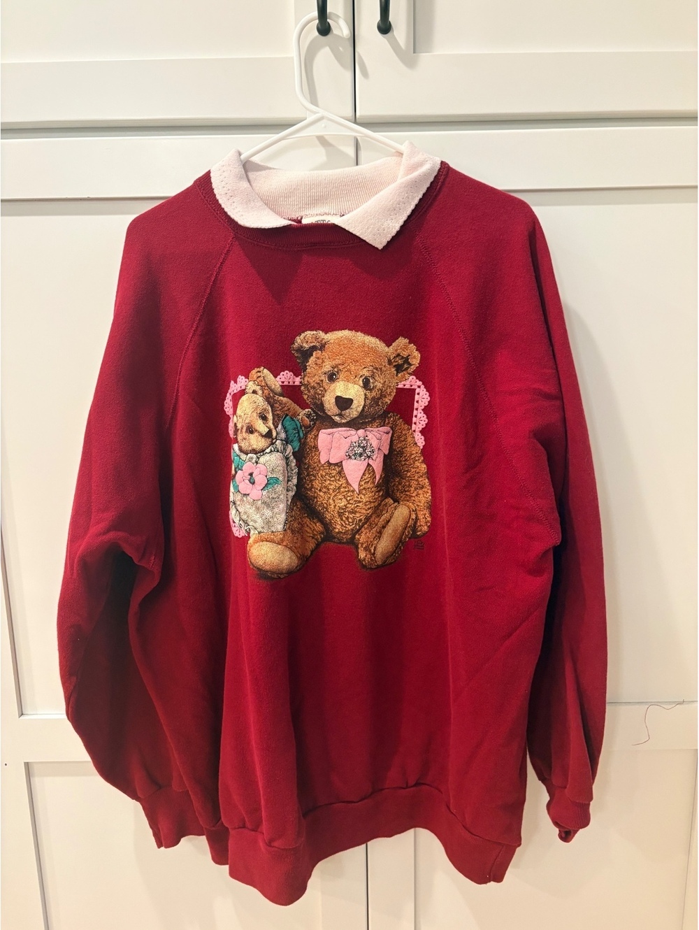 Vintage Cotton Grove Maroon Sweatshirt with Teddy Bear Design and Pink Collar